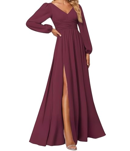 Abendkleider Elegantes Damen Für Hochzeit Lang Langarm Brautjungfernkleid Chiffon V-Ausschnitt Ballkleider Burgund 38 Size von huitutu
