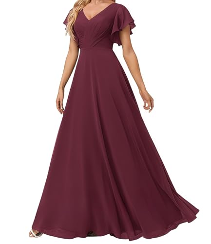 Damen Abendkleid Lang Elegant für Hochzeit Appliziertes V-Ausschnitt A-Linie Ballkleider Chiffon Brautjungferkleider Burgund 46 Size von huitutu
