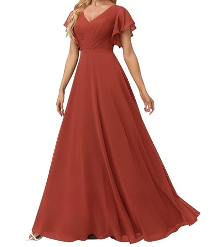 Damen Abendkleid Lang Elegant für Hochzeit Appliziertes V-Ausschnitt A-Linie Ballkleider Chiffon Brautjungferkleider Gebrannte Orange 38 Size von huitutu