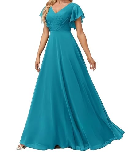 Damen Abendkleid Lang Elegant für Hochzeit Appliziertes V-Ausschnitt A-Linie Ballkleider Chiffon Brautjungferkleider Jade 44 Size von huitutu