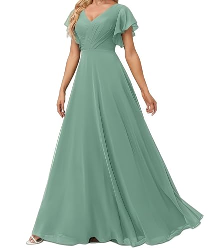 Damen Abendkleid Lang Elegant für Hochzeit Appliziertes V-Ausschnitt A-Linie Ballkleider Chiffon Brautjungferkleider Meerglas 44 Size von huitutu