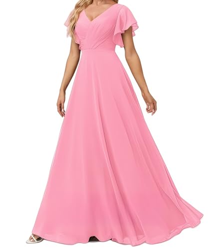 Damen Abendkleid Lang Elegant für Hochzeit Appliziertes V-Ausschnitt A-Linie Ballkleider Chiffon Brautjungferkleider Rosa 46 Size von huitutu