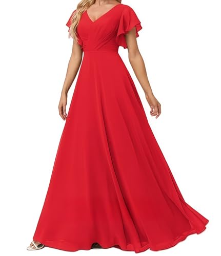 Damen Abendkleid Lang Elegant für Hochzeit Appliziertes V-Ausschnitt A-Linie Ballkleider Chiffon Brautjungferkleider Rot 46 Size von huitutu