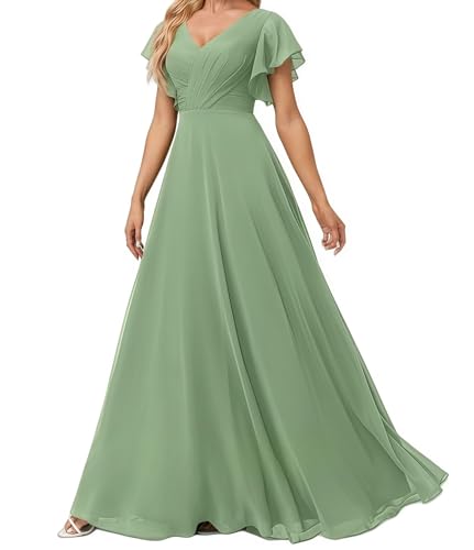 Damen Abendkleid Lang Elegant für Hochzeit Appliziertes V-Ausschnitt A-Linie Ballkleider Chiffon Brautjungferkleider Sage Grün 42 Size von huitutu