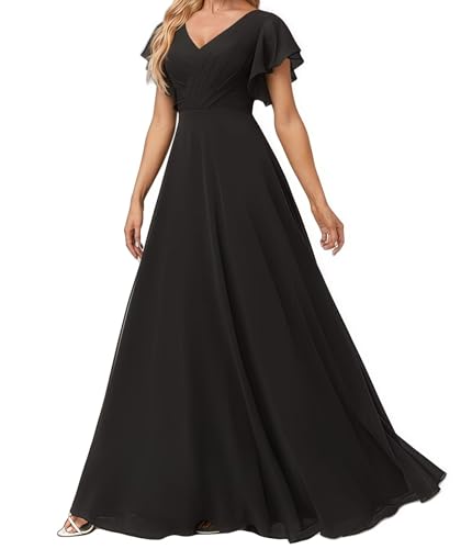 Damen Abendkleid Lang Elegant für Hochzeit Appliziertes V-Ausschnitt A-Linie Ballkleider Chiffon Brautjungferkleider Schwarz 36 Size von huitutu