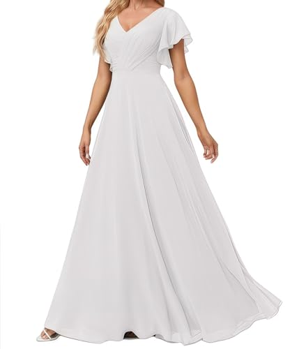 Damen Abendkleid Lang Elegant für Hochzeit Appliziertes V-Ausschnitt A-Linie Ballkleider Chiffon Brautjungferkleider Weiß 38 Size von huitutu