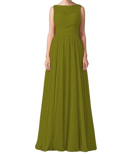 Damen Chiffon Abendkleid A Linie Spitze Ärmellos Rundhals Lang Brautjungfernkleid für Hochzeit Gras Grün 44 Size von huitutu
