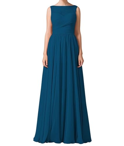 Damen Chiffon Abendkleid A Linie Spitze Ärmellos Rundhals Lang Brautjungfernkleid für Hochzeit Tinte Blau 52 Size von huitutu