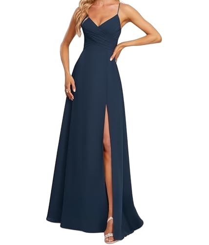 Damen V-Ausschnitt Spaghettiträger Satin Brautjungfernkleider Formeller A-Linie Abschlussball Abendkleider mit Schlitz Navy Blau 36 Size von huitutu