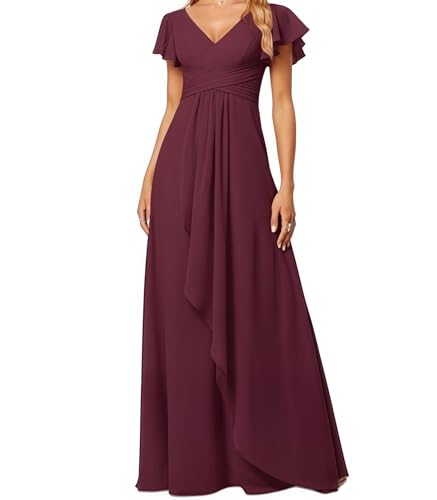 Kleid Elegant Damen Festlich Lang Ballkleid Maxi Hell Abendkleider Elegant für Hochzeit A Line Kurze Ärmel Burgund 36 Size von huitutu
