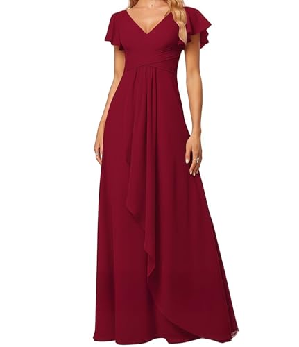 Kleid Elegant Damen Festlich Lang Ballkleid Maxi Hell Abendkleider Elegant für Hochzeit A Line Kurze Ärmel Burgund 42 Size von huitutu