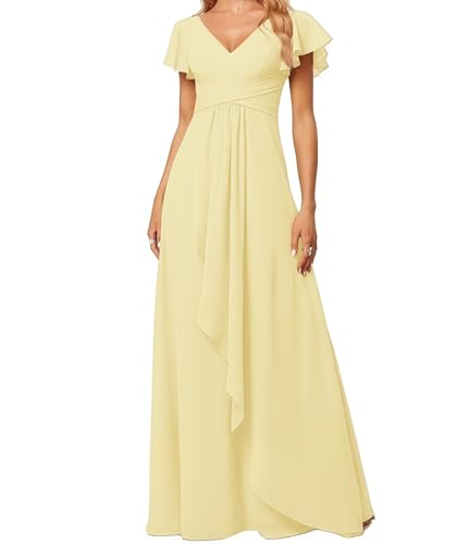 Kleid Elegant Damen Festlich Lang Ballkleid Maxi Hell Abendkleider Elegant für Hochzeit A Line Kurze Ärmel Gelb 44 Size von huitutu