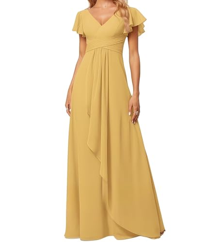 Kleid Elegant Damen Festlich Lang Ballkleid Maxi Hell Abendkleider Elegant für Hochzeit A Line Kurze Ärmel Goldene 38 Size von huitutu