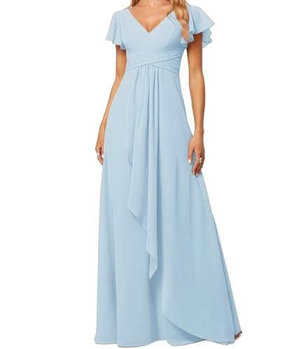 Kleid Elegant Damen Festlich Lang Ballkleid Maxi Hell Abendkleider Elegant für Hochzeit A Line Kurze Ärmel Himmelblau 40 Size von huitutu