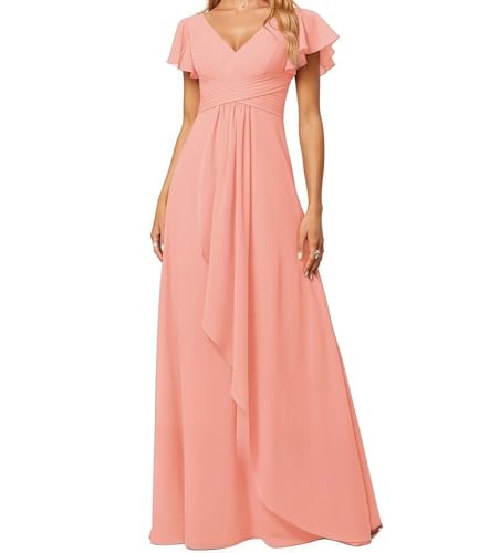 Kleid Elegant Damen Festlich Lang Ballkleid Maxi Hell Abendkleider Elegant für Hochzeit A Line Kurze Ärmel Koralle 40 Size von huitutu