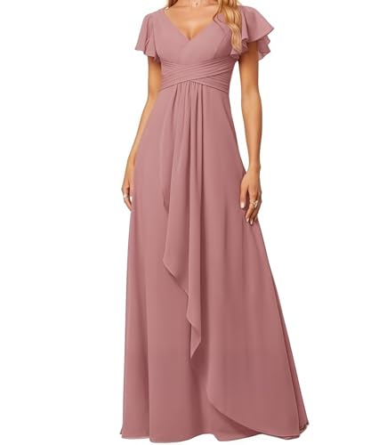 Kleid Elegant Damen Festlich Lang Ballkleid Maxi Hell Abendkleider Elegant für Hochzeit A Line Kurze Ärmel Nude Rosa 50 Size von huitutu