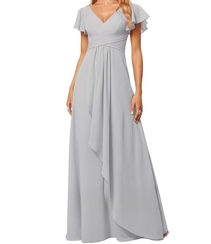 Kleid Elegant Damen Festlich Lang Ballkleid Maxi Hell Abendkleider Elegant für Hochzeit A Line Kurze Ärmel Silber 42 Size von huitutu