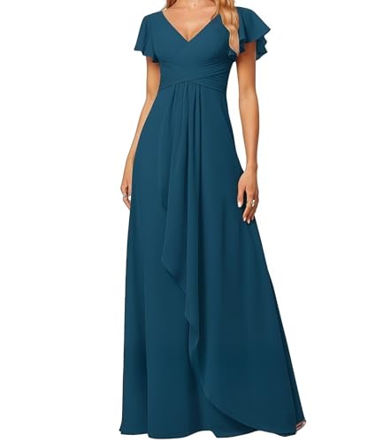 Kleid Elegant Damen Festlich Lang Ballkleid Maxi Hell Abendkleider Elegant für Hochzeit A Line Kurze Ärmel Tinte Blau 46 Size von huitutu