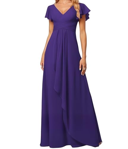 Kleid Elegant Damen Festlich Lang Ballkleid Maxi Hell Abendkleider Elegant für Hochzeit A Line Kurze Ärmel Violett 48 Size von huitutu