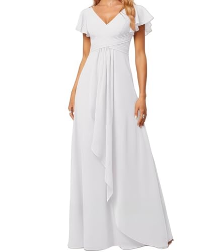 Kleid Elegant Damen Festlich Lang Ballkleid Maxi Hell Abendkleider Elegant für Hochzeit A Line Kurze Ärmel Weiß 44 Size von huitutu