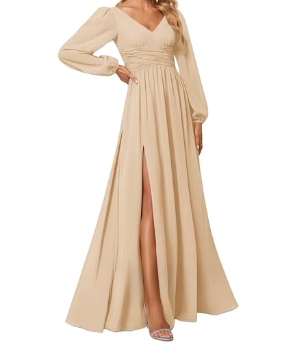 huitutu Abendkleider Elegantes Damen Für Hochzeit Lang Langarm Brautjungfernkleid Chiffon V-Ausschnitt Ballkleider Champagner 32 Size von huitutu