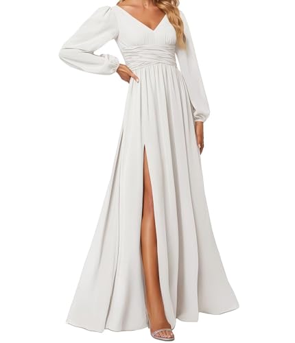 huitutu Abendkleider Elegantes Damen Für Hochzeit Lang Langarm Brautjungfernkleid Chiffon V-Ausschnitt Ballkleider Elfenbein 48 Size von huitutu