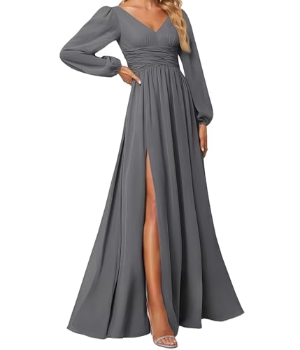 huitutu Abendkleider Elegantes Damen Für Hochzeit Lang Langarm Brautjungfernkleid Chiffon V-Ausschnitt Ballkleider Grau 44 Size von huitutu