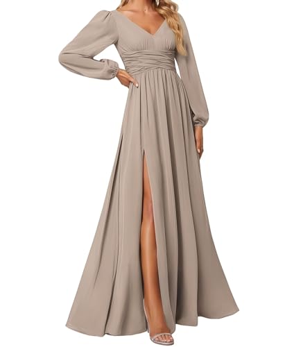 huitutu Abendkleider Elegantes Damen Für Hochzeit Lang Langarm Brautjungfernkleid Chiffon V-Ausschnitt Ballkleider Grau-Braun 32 Size von huitutu