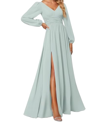 huitutu Abendkleider Elegantes Damen Für Hochzeit Lang Langarm Brautjungfernkleid Chiffon V-Ausschnitt Ballkleider Himmelblau 50 Size von huitutu
