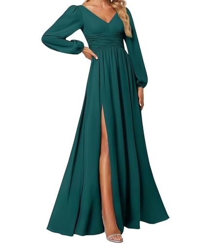 huitutu Abendkleider Elegantes Damen Für Hochzeit Lang Langarm Brautjungfernkleid Chiffon V-Ausschnitt Ballkleider Jäger Grün 46 Size von huitutu