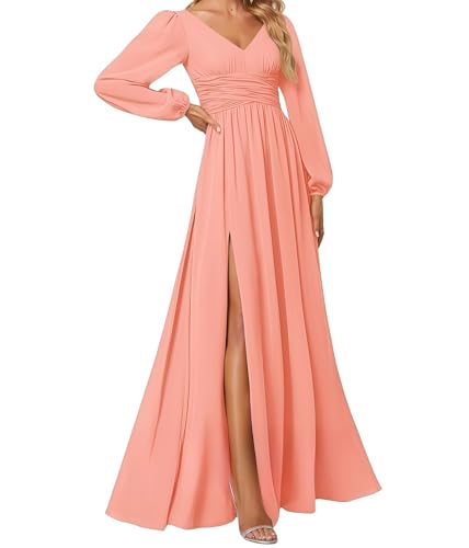 huitutu Abendkleider Elegantes Damen Für Hochzeit Lang Langarm Brautjungfernkleid Chiffon V-Ausschnitt Ballkleider Koralle 42 Size von huitutu
