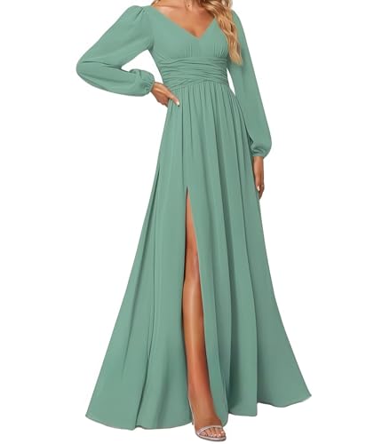 huitutu Abendkleider Elegantes Damen Für Hochzeit Lang Langarm Brautjungfernkleid Chiffon V-Ausschnitt Ballkleider Meerglas 36 Size von huitutu