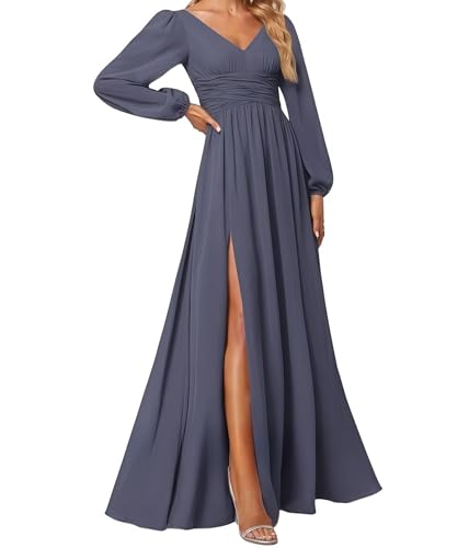 huitutu Abendkleider Elegantes Damen Für Hochzeit Lang Langarm Brautjungfernkleid Chiffon V-Ausschnitt Ballkleider Navy Blau 36 Size von huitutu