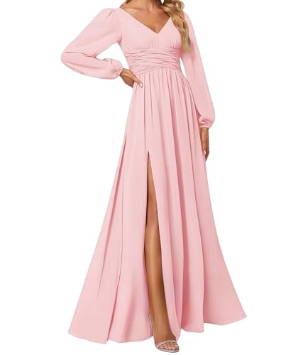 huitutu Abendkleider Elegantes Damen Für Hochzeit Lang Langarm Brautjungfernkleid Chiffon V-Ausschnitt Ballkleider Rosa 42 Size von huitutu