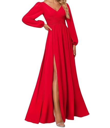 huitutu Abendkleider Elegantes Damen Für Hochzeit Lang Langarm Brautjungfernkleid Chiffon V-Ausschnitt Ballkleider Rot 46 Size von huitutu