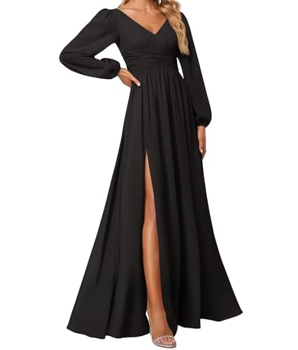 huitutu Abendkleider Elegantes Damen Für Hochzeit Lang Langarm Brautjungfernkleid Chiffon V-Ausschnitt Ballkleider Schwarz 40 Size von huitutu