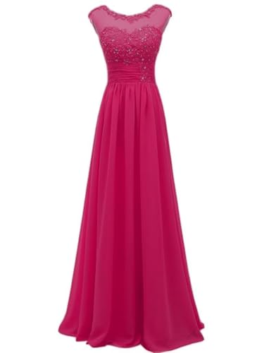 huitutu Abendkleider elegant für Hochzeit Spitzenkleid Chiffon Hi-Lo Kleid Brautjunferkleid Partykleid Abschlusskleid lang Ballkleid Fuchsien 48 Size von huitutu