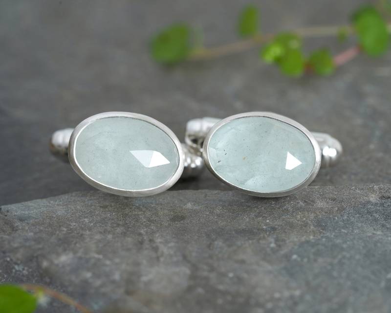 Natürlicher Aquamarin Manschettenknöpfe Handgemachter Sterling Silber Oval Edelstein von huiyitan