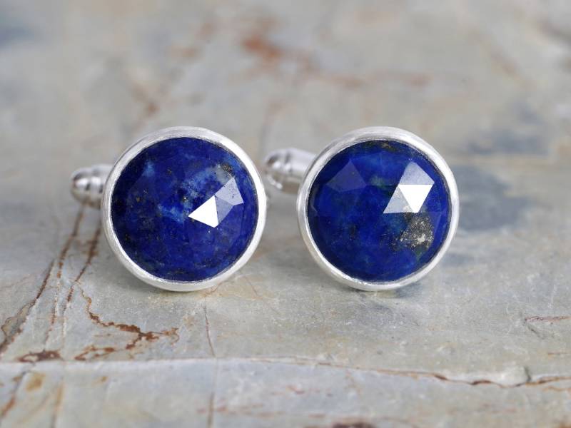 Runde Lapis Lazuli Sterling Silber Manschettenknöpfe, Handgefertigt in Uk von huiyitan