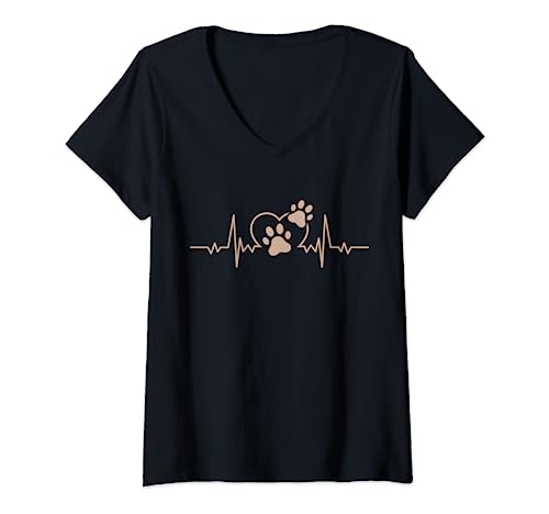Damen Herzschlag Hunde Pfoten Frequenz Hunde X Herz Hundeliebhaber T-Shirt mit V-Ausschnitt Damen Herzschlag Hunde Pfoten Frequenz Hunde X Herz Hundeliebhaber T-Shirt mit V-Ausschnitt von hunde hund herzschlag herz pfote gassi spruch dame