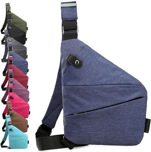 hunpre diebstahlsichere tasche damen Herren sicherheitstasche umhängetasche diebstahlsichere reisetasche Brusttasche aus leicht einfach und mit großem Fassungsver 250g (Blau, Rechte Schulter) von hunpre