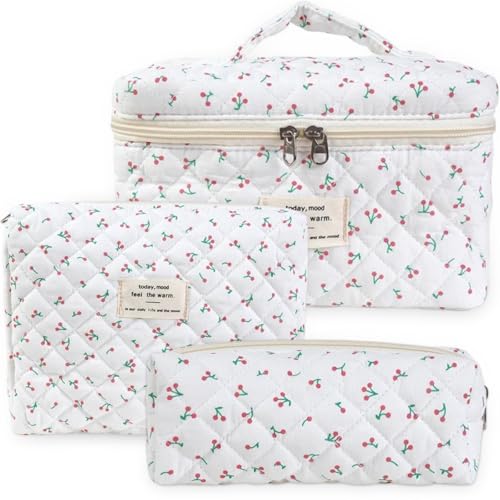-Huoflame 3er Kosmetiktasche Set mit Kirschenmuster - Kulturtasche Damen, Kosmetiktasche klein, Federmäppchen, Make up Organizer, Schminktasche ästhetisch - Baumwolle Kulturbeutel für Reisen, Schule von huoflame