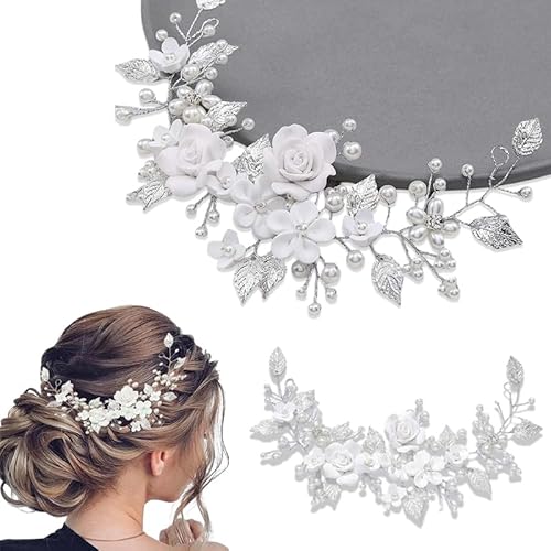 Huoflame Braut Haarschmuck Silber - Handgemachter Hochzeits Haarschmuck mit Blume und Blatt, Flexible Haarranke mit Perlendraht - Elegant für Brautfrisur, Hochzeit, Kommunion, Mädchen und Frauen von huoflame