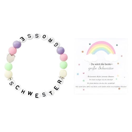 huoflame Große Schwester Armband Geschenk Set - Buntes Perlenarmband mit GROSSE SCHWESTER Buchstabenperlen - inkl. Karte & Geschenkbox - Geschenk für Mädchen zur Geburt, Einschulung, Babyshower von huoflame