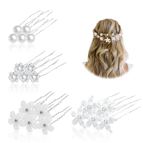 Huoflame Perlen U-Form Haarnadeln Hochzeit Haarspangen – Eleganter Haarschmuck für Frauen mit Kristall Blumen und Strass – Perfekt für Braut, Kommunion, Party, Mädchenfrisur (B30g) von huoflame