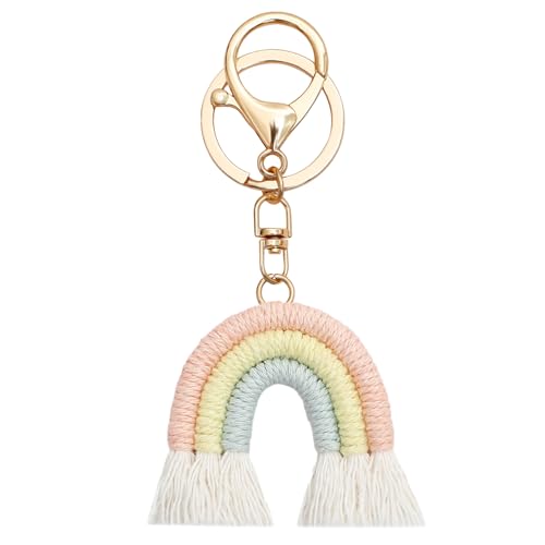 huoflame Schlüsselanhänger Regenbogen Boho – Handgemachtes Makramee Schlüsselanhänger mit Quaste – Mini Regenbogen Anhänger für Tasche, Geschenk für Patentante, Taufpatin, Babyparty, Kinder, Frauen von huoflame