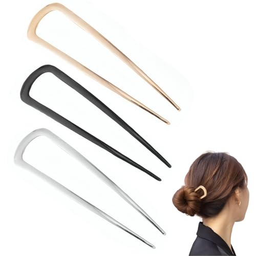 Huoflame U-Förmige Haarnadeln 3 Stück Set – Metall Hair Pins in Gold, Silber, Schwarz – Rutschfeste Dutt Spangen für Damen mit Dickem Haar, Elegante Haarklammern für Französischen Twist von huoflame
