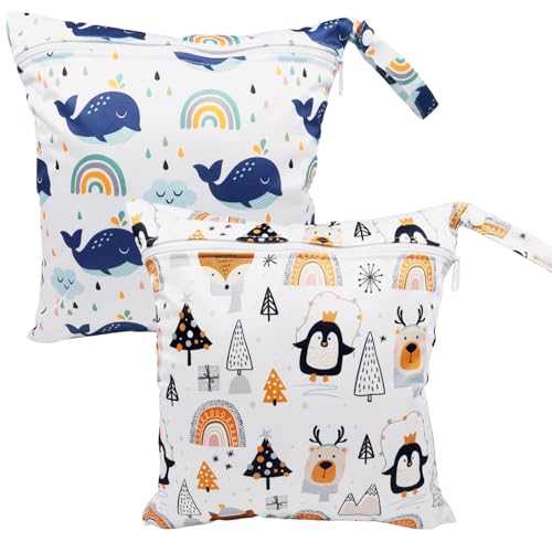 huoflame Wickeltasche 2er-Set Wetbag – Wiederverwendbare Windeltasche wasserdicht mit Cartoon-Muster – Feuchttücher Organizer 28x30cm mit Reißverschluss – Für Kindergarten Reisen Babyartikel von huoflame