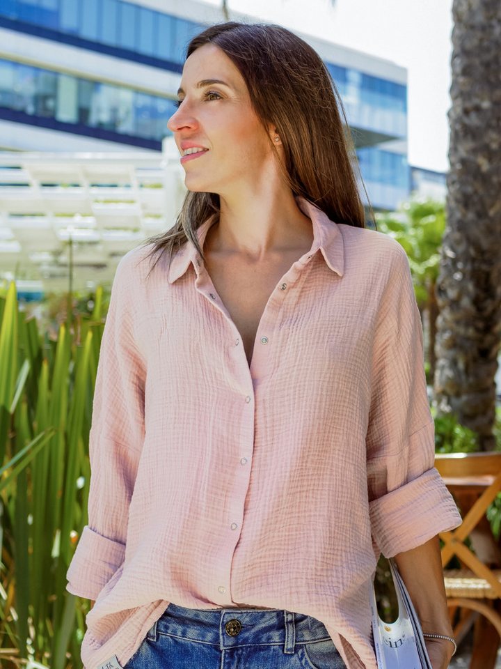 hutch&putch Langarmbluse Musselin Oversize Bluse - Klassische Bluse - Langarmbluse (1-tlg) Aus 100% Bio-Baumwolle - Vegan, Atmungsaktiv und Temperaturregulierend von hutch&putch