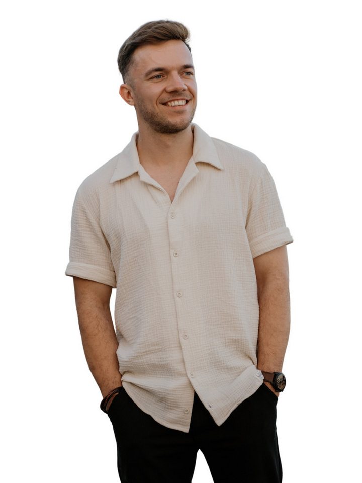 hutch&putch Kurzarmhemd Musselin Herrenhemd - Business Casual Freizeit - 100% Bio-Baumwolle (1-tlg) Herren Kurzarmhemd - in liebevoller Arbeit gefertigt von hutch&putch